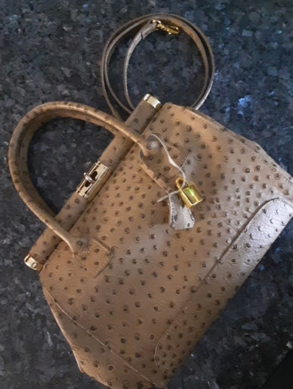 Taupe Ostrich-Effect Top-Handle Satchel with Gold Accent